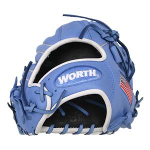 Front view of a Columbia blue baseball glove with white trim, WORTH logo, and American flag detail.