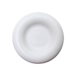 Top-down view of a white baseball bat end cap with Marucci logo.