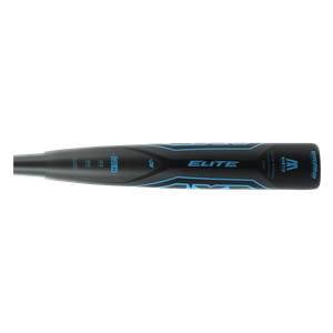Side view of a black baseball bat with blue ELITE text and HYPERWHIP branding.