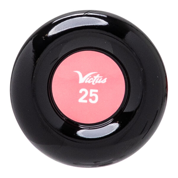 Top-down view of a black baseball bat end cap with a pink circle showing Victus and 25.