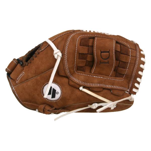 Side view of a brown baseball glove with white stitching, a checkered web, and D1 text.