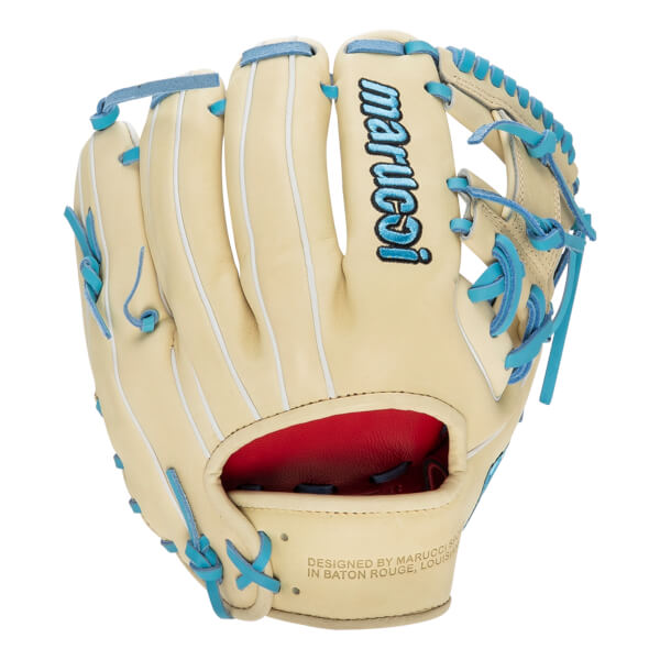 Front view of a cream baseball glove with blue lacing and marucci logo.
