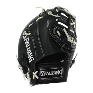 Side view of a black Spalding training glove with white stitching and a Spalding logo patch.