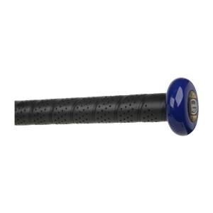 Side view of a black fastpitch softball bat with a perforated grip and blue end cap.