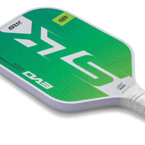 Corner view of a green pickleball paddle with white SLK EVO MAX branding and a textured white grip.