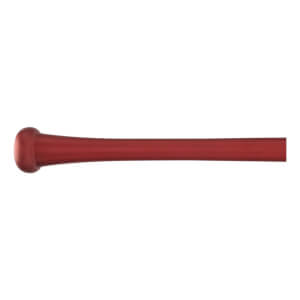 Side view of a red baseball bat with a rounded knob.