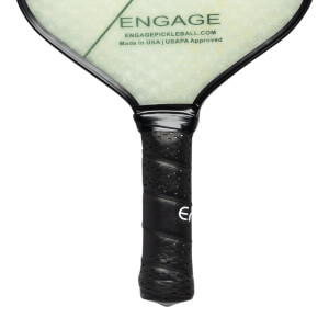 Close-up of a black pickleball paddle grip with perforated texture and an E logo.