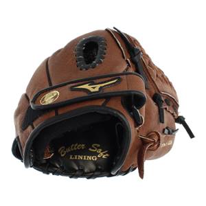 Close-up of a brown baseball glove with black trim, Mizuno logo, and Butter Soft LINING text.
