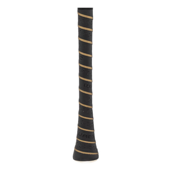 Close-up of a black perforated baseball bat grip with gold spiral accents and visible WAR branding.