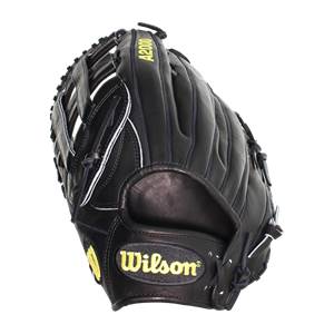 Side view of a black baseball glove with yellow Wilson branding and A2000 text.