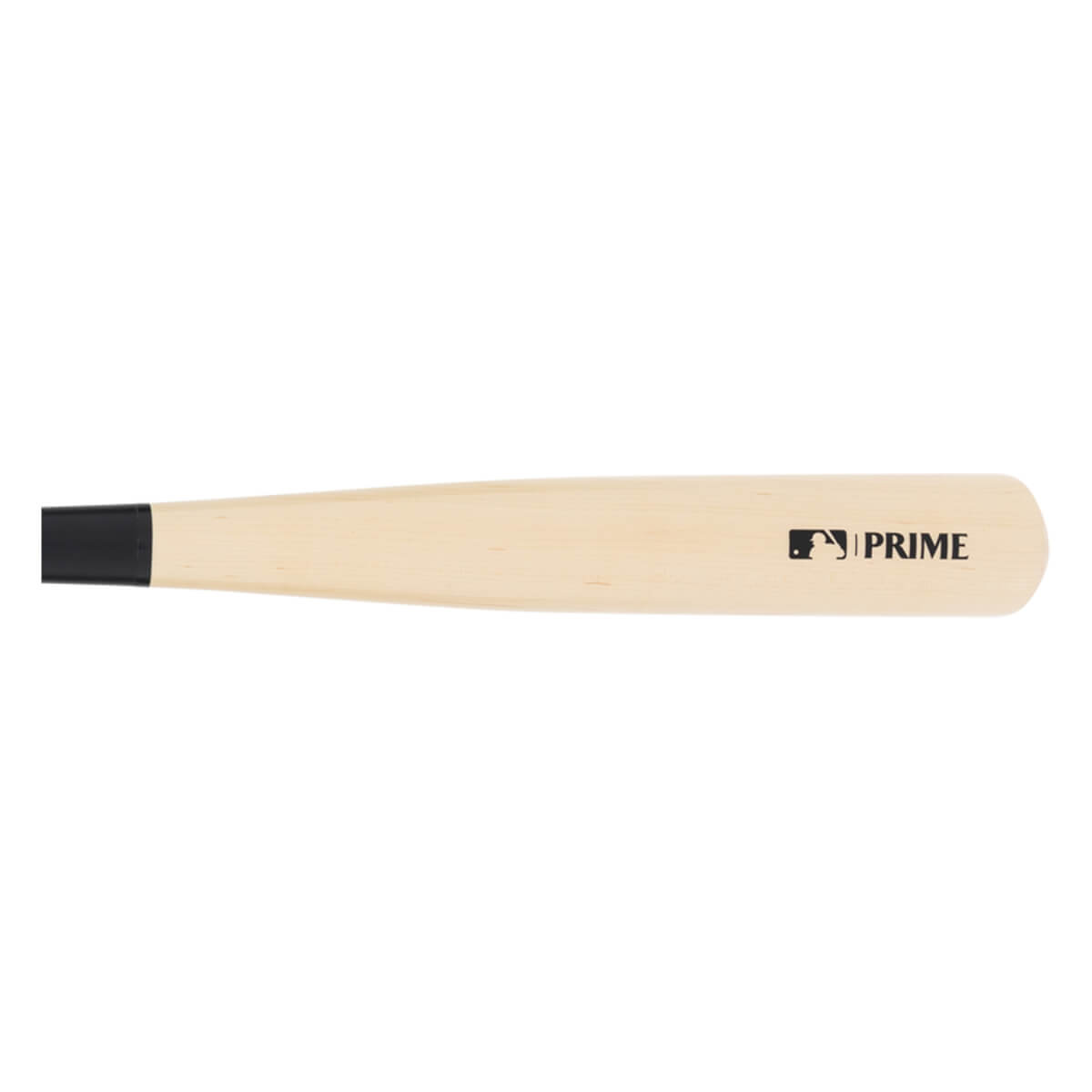 Side view of a natural wood baseball bat with a black handle end and black MLB and PRIME logos.