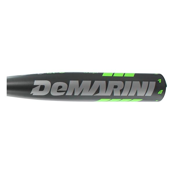 Side view of a black baseball bat with green DeMarini branding and accents.