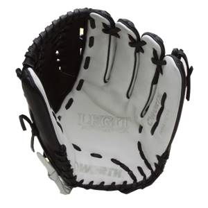 Interior view of a black and white softball glove with LEGIT and WORTH branding.