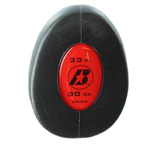 End view of a black baseball bat with a red insert showing 33 in., a black B logo, 30 oz., and CHINA.