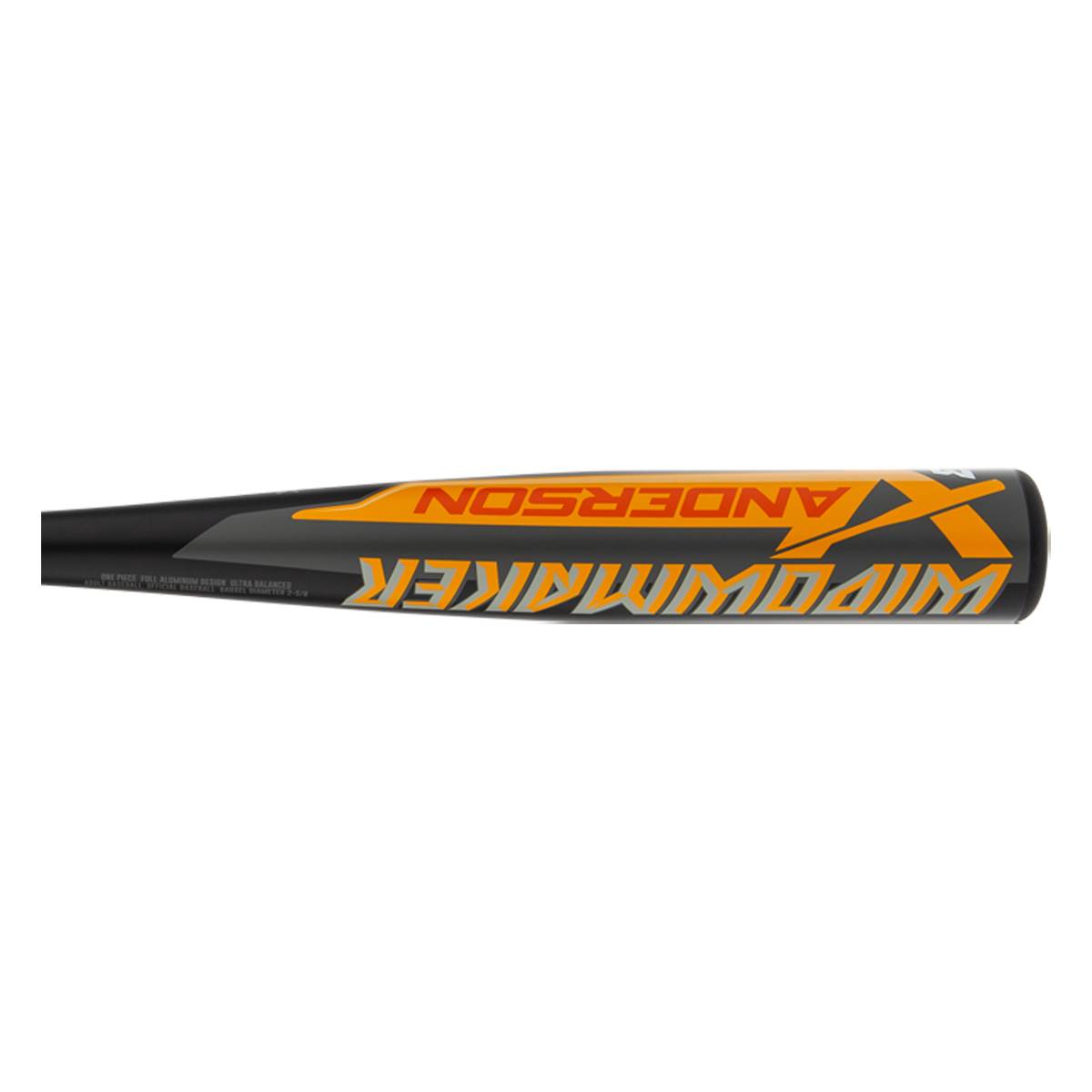 Side view of a black baseball bat with orange ANDERSON and WIDOWMAKER text.