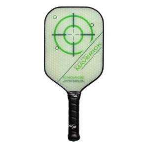 Front view of a white pickleball paddle with a green target, MAVERICK text, and black grip.