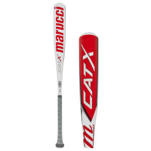 Side view of a white baseball bat with red CATX and Marucci branding and a grey grip.