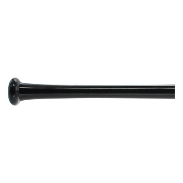 Side view of a black baseball bat with a rounded knob.