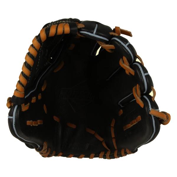 Top-down view of a black baseball glove with tan lacing and white trim.