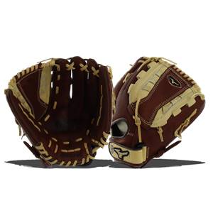 Front view of a brown fastpitch glove with tan lacing and a Mizuno logo.