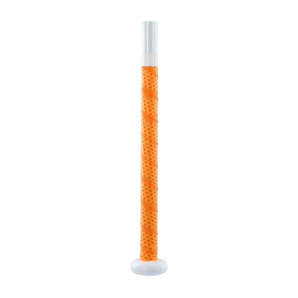 Side view of an orange softball bat with a white end cap and textured grip.