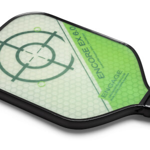 Corner view of a white and green pickleball paddle with a target design and ENCORE EX 6.0 text.