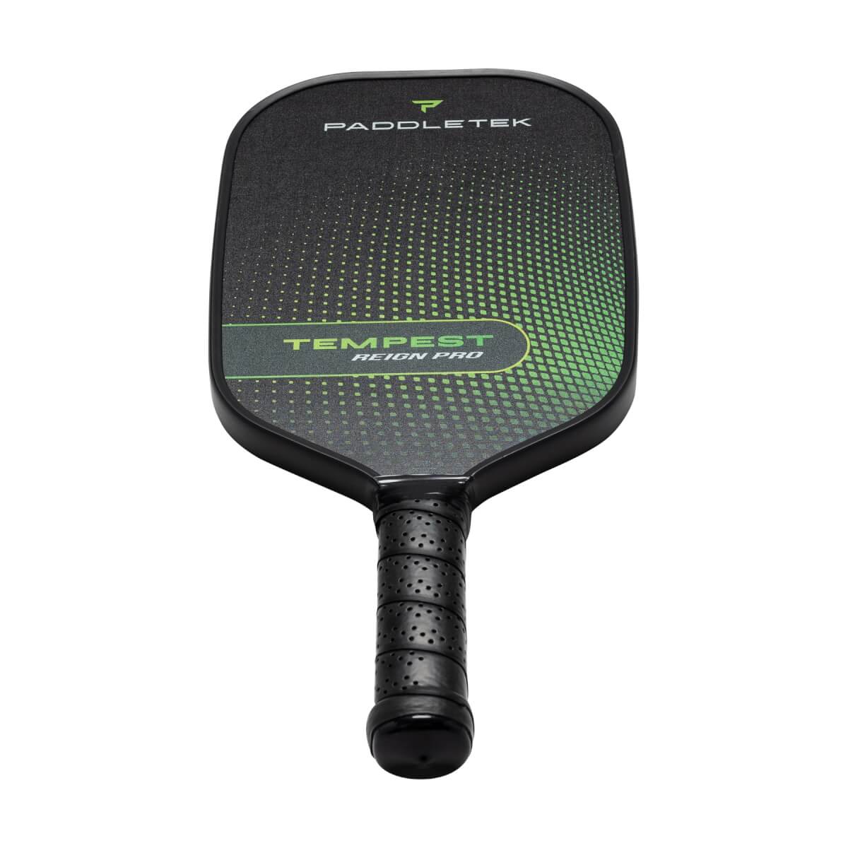 Top-down view of a black pickleball paddle with green dot pattern and TEMPEST REIGN PRO text.