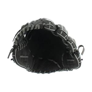 Top-down view of a black baseball glove with white stitching and a Rawlings logo.