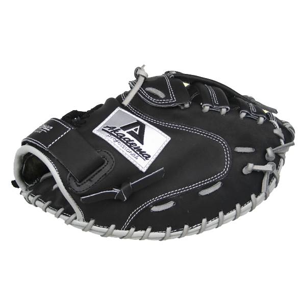 Side view of a black catchers mitt with white stitching and an Akadema Professional logo.