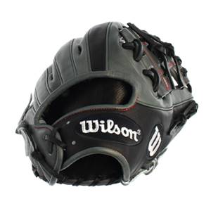Top-down view of a black and gray Wilson baseball glove with red stitching and a white logo.