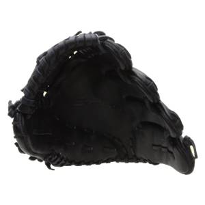 Interior view of a black baseball glove with stitched finger stalls and a webbed palm.