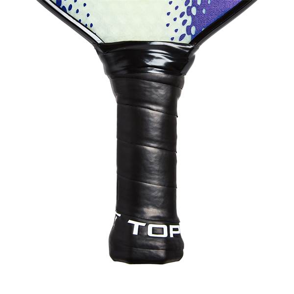 Bottom view of a black pickleball paddle grip with white TOP text.