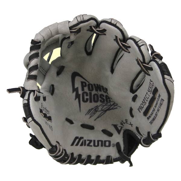 Top-down view of a gray youth baseball glove with Mizuno, Power Close, and Prospect Series text.