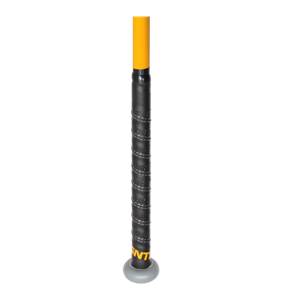 Close-up of a yellow and black baseball bat with a textured grip and NT visible on the knob.