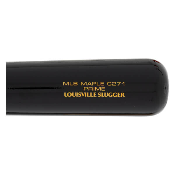 Close-up of a black baseball bat barrel with gold MLB MAPLE C271 PRIME LOUISVILLE SLUGGER text and a rounded end.