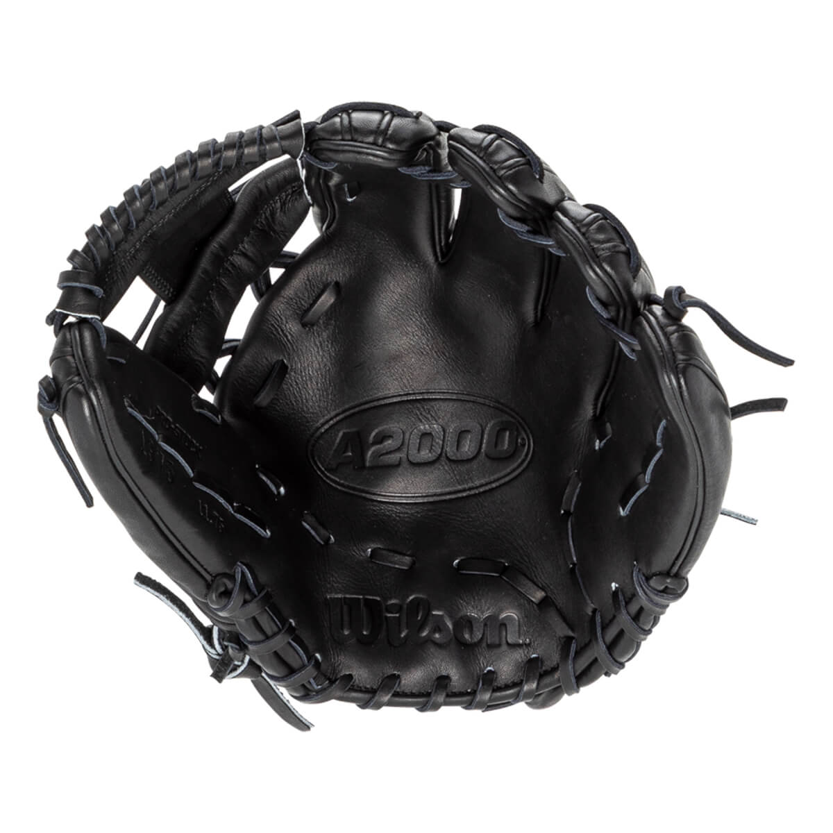 Front view of the black leather baseball glove highlighting the embossed "A2000" and "Wilson" logos in the center of the palm.