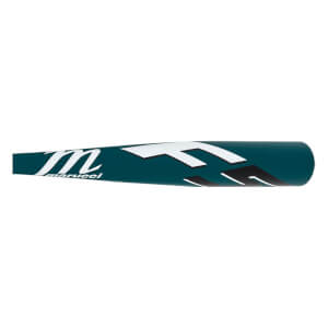 Side view of a teal baseball bat with white and black F5 graphics and marucci logo.