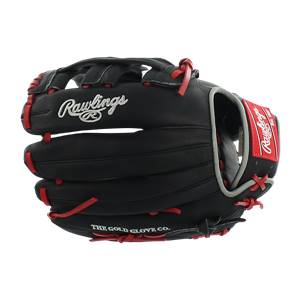 Front view of a black baseball glove with red lacing and Rawlings logo.