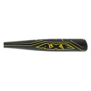 Side view of a black baseball bat with yellow AXE branding and geometric accents.