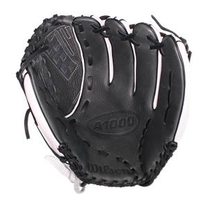 Front view of a black and white Wilson A1000 fastpitch glove with A1000 and Wilson branding.