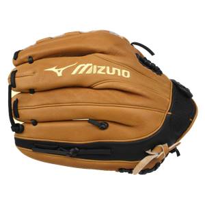 Side view of a tan baseball glove with black accents and gold Mizuno branding.