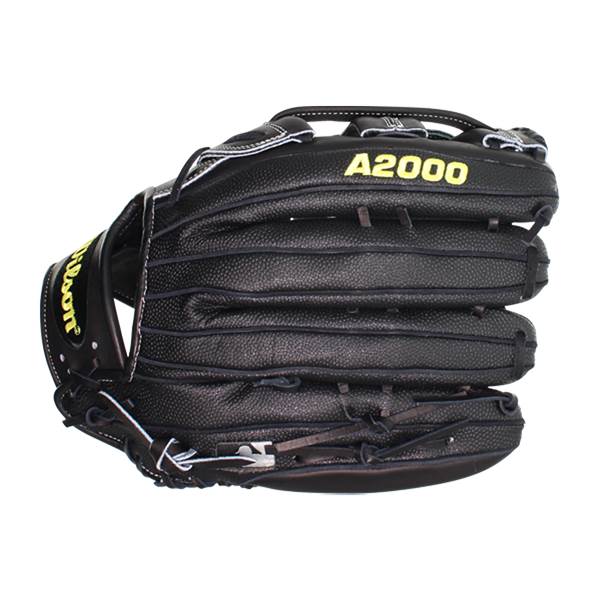 Front view of a black baseball glove with yellow A2000 branding and Wilson logo.