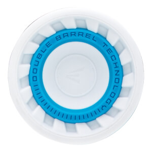 Top-down view of a white and blue fastpitch softball bat end cap with DOUBLE BARREL TECHNOLOGY text and Easton logo.