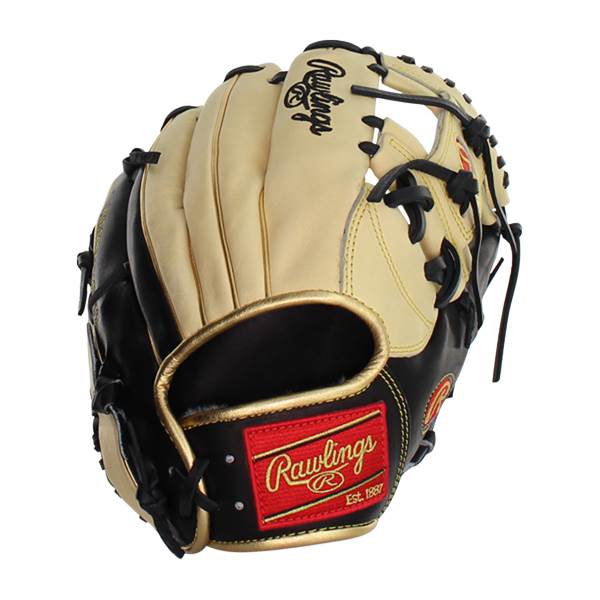 Front view of a black and tan baseball glove with a red Rawlings logo patch.