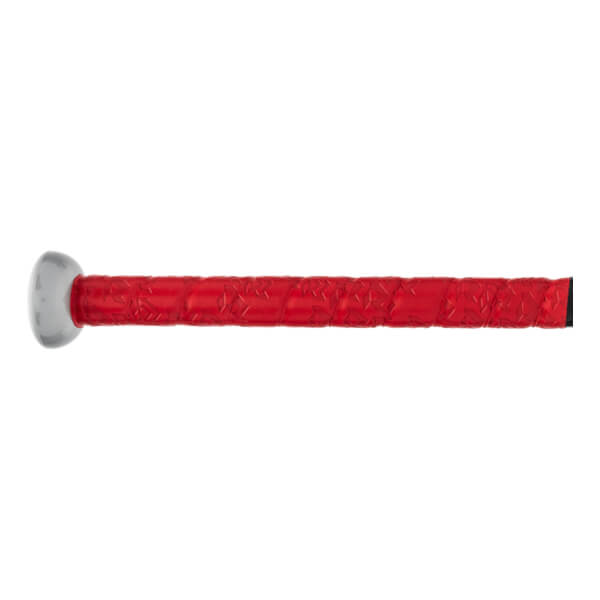 Side view of a red baseball bat with a silver end cap and textured grip.