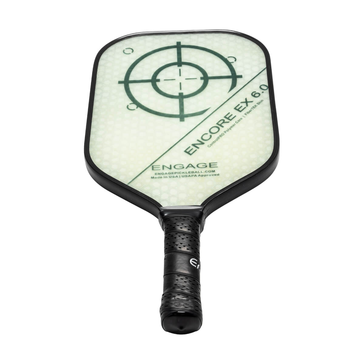 Top-down view of a white pickleball paddle with a green target design and ENCORE EX 6.0 text.