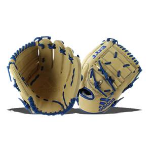 Two views of a tan baseball glove with blue lacing and Adidas branding.