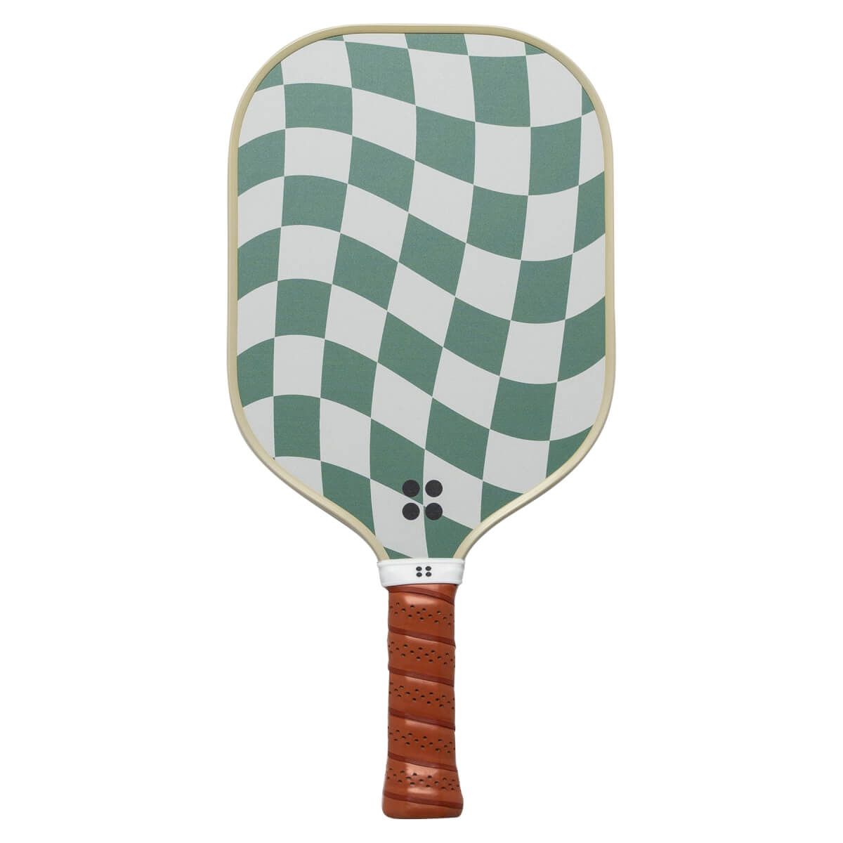 Front view of a green and white checkered pickleball paddle with a brown grip and four black dots.