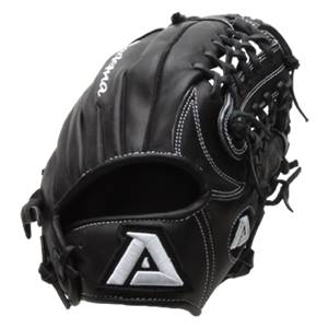 Corner view of a black baseball glove with white stitching and a large white A logo.