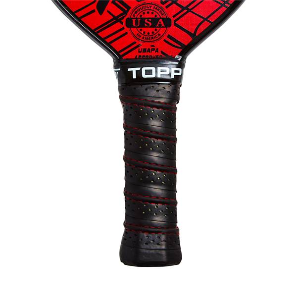 Close-up of a black pickleball paddle grip with red stitching and TOPP logo.